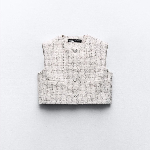 Zara Textured Cropped Vest Round neck Top Front pockets Ecru Beige size L NWT - Picture 10 of 16